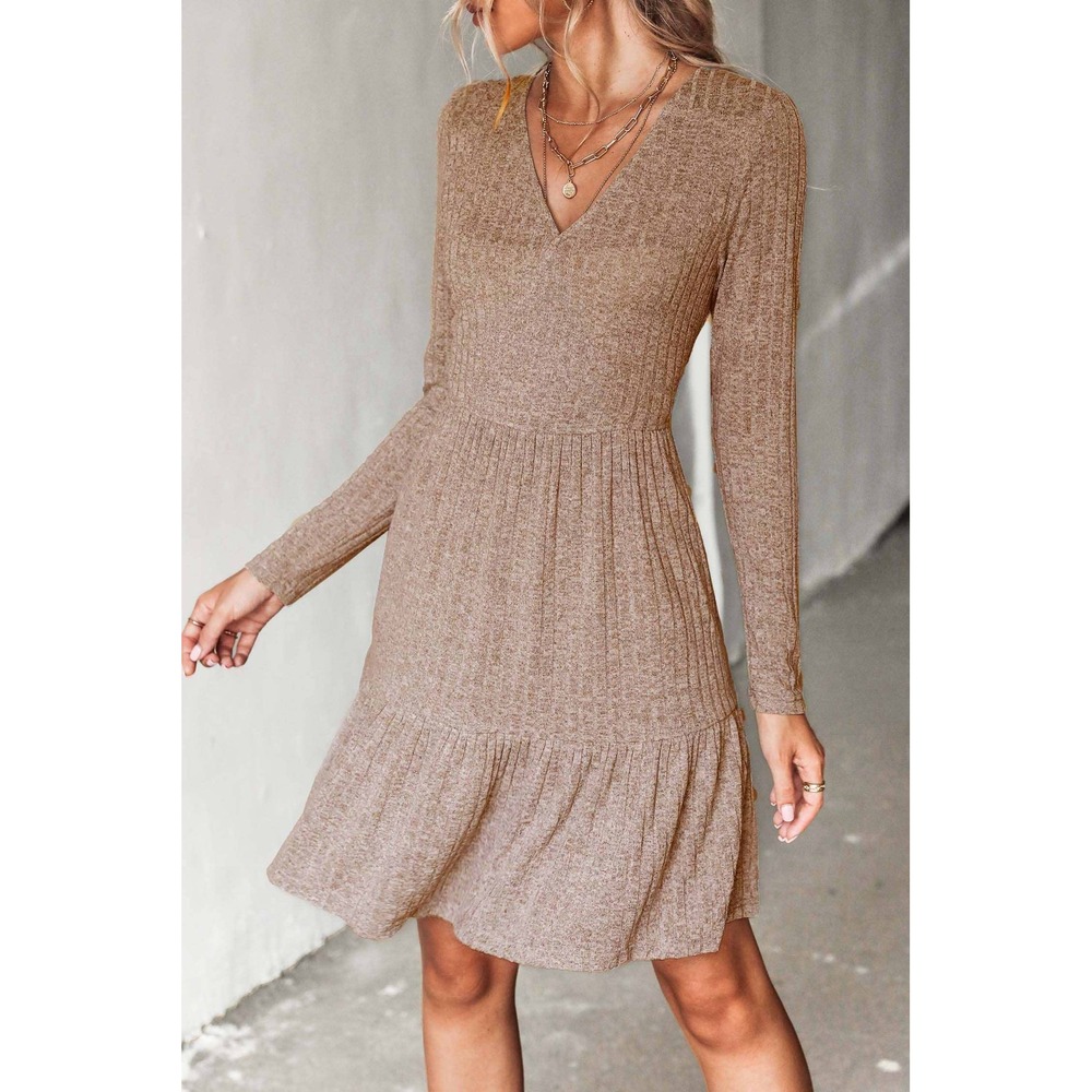 Cupshe Tan Brown Ribbed Knit V-Neck Tiered Ruffle Mini Dress XL - Picture 4 of 7
